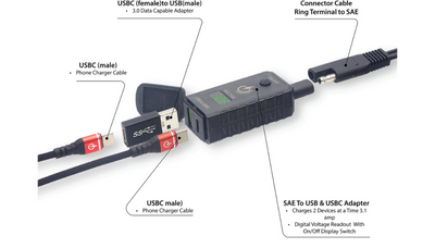 RidePower SAE to USB-C/USB Adapter Digital Voltage Indicator