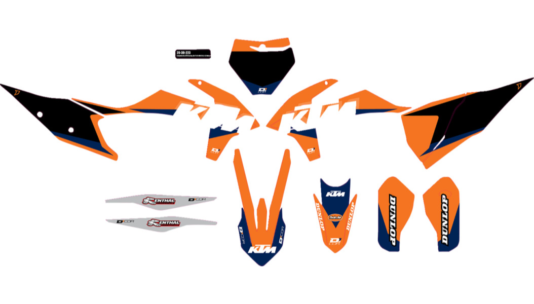 D'Cor Visuals Complete Graphics Kit — KTM Racing 125/150/250 SX 2018-2022, 250/350/450 SX-F 2018-2022, 250/450 SX-F FE 2018-2022