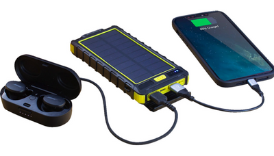 RidePower Portable Power Bank with LED Light/Solar Panel and 2 USB Charging Ports